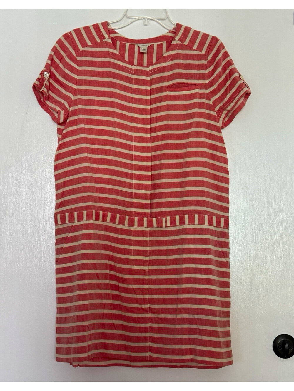 J.CREW Women’s Shift Dress 10 Pink/White Stripe Chambray Cotton Pockets